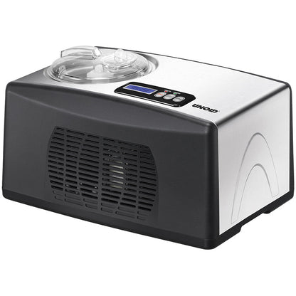 Die Unold Eismaschine Cortina 1,5 L ist eine elektrische Eismaschine aus Edelstahl und Schwarz mit transparentem Deckel, Digitalanzeige und Bedientasten oben auf weißem Hintergrund.