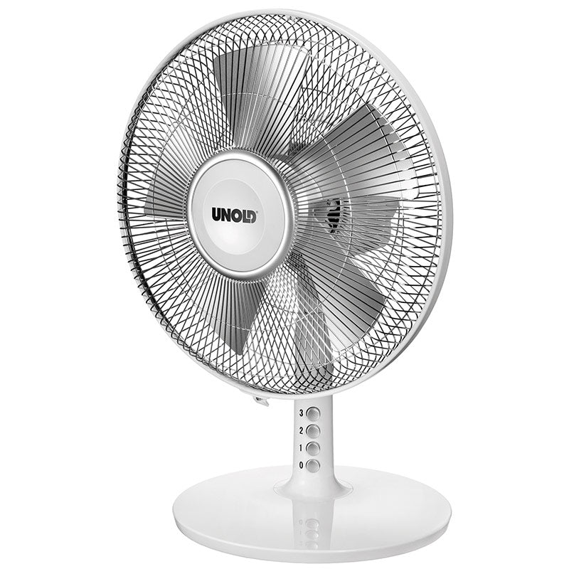 Der Unold TISCHVENTILATOR SILVERLINE 30 cm ist ein weißer Tischventilator mit rundem Metallgitter, drei Flügeln und Bedienknöpfen an der Basis, die mit 0–3 beschriftet sind. Der Markenname Unold ist auf der zentralen Nabe zu sehen.