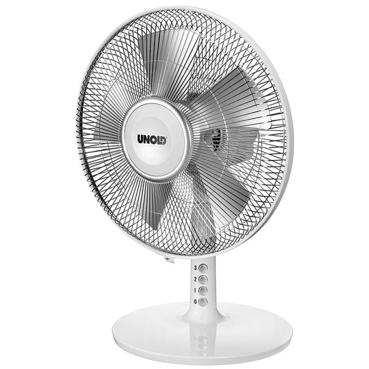 Der Unold TISCHVENTILATOR SILVERLINE 30 cm ist ein weißer Tischventilator mit rundem Metallgitter, drei Flügeln und Bedienknöpfen an der Basis, die mit 0–3 beschriftet sind. Der Markenname Unold ist auf der zentralen Nabe zu sehen.
