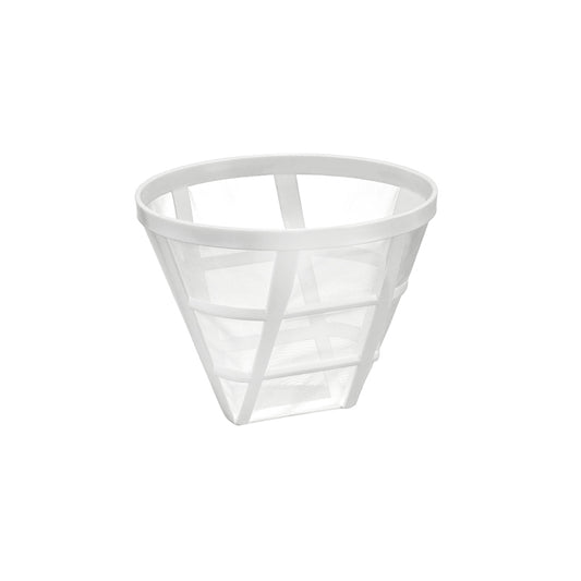 Der Unold Dauerfilter für KAFFEEAUTOMAT Easy White 28020 ist ein weißer, wiederverwendbarer Kaffeefilterkorb mit konischem Netz und Kunststoffrahmen, abgebildet auf schlichtem weißem Hintergrund.