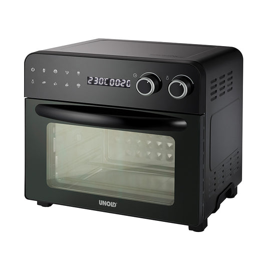 Der Unold Backofen-Fritteuse Diamant ist ein schwarzer Konvektionsofen für die Arbeitsplatte mit zwei Bedienknöpfen, einer Digitalanzeige mit 230 °C und 20 Minuten, einer transparenten Tür und dem unten an der Tür sichtbaren Unold-Logo.