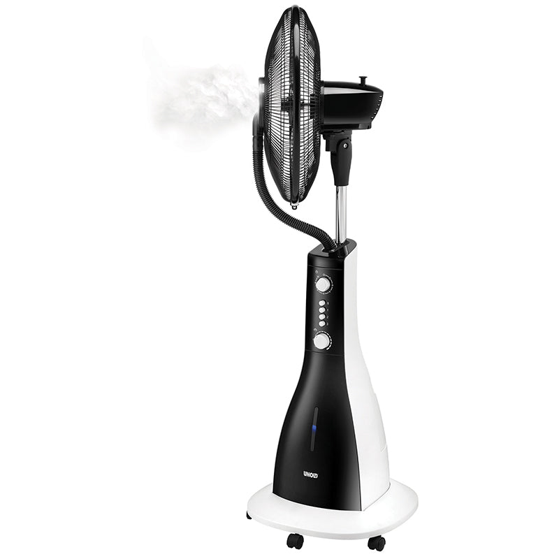 Der Unold STANDVENTILATOR NEBULA ist ein schwarz-weißer Stand-Nebelventilator mit Dampfausstoß, mehreren Bedienknöpfen und Rädern an der Basis für einfache Mobilität.