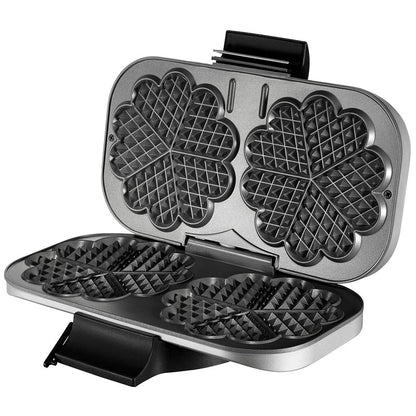 Der Unold Doppel-Waffelautomat ist ein silbernes Waffeleisen mit schwarzem Griff und Antihaftbeschichtung, das dafür konzipiert ist, zwei große blumenförmige Waffeln gleichzeitig zu backen, die jeweils in fünf herzförmige Abschnitte unterteilt sind.