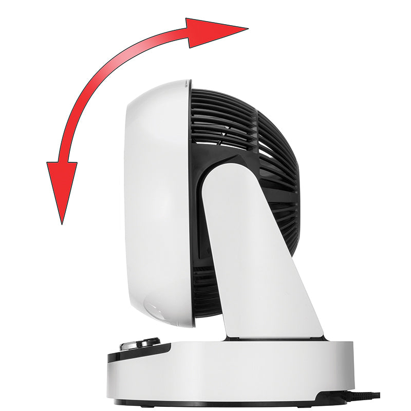 Der von der Seite dargestellte Unold TISCHVENTILATOR 3D B-Ware verfügt über eine einstellbare Neigung nach oben und unten, die durch zwei gebogene rote Pfeile angezeigt wird.