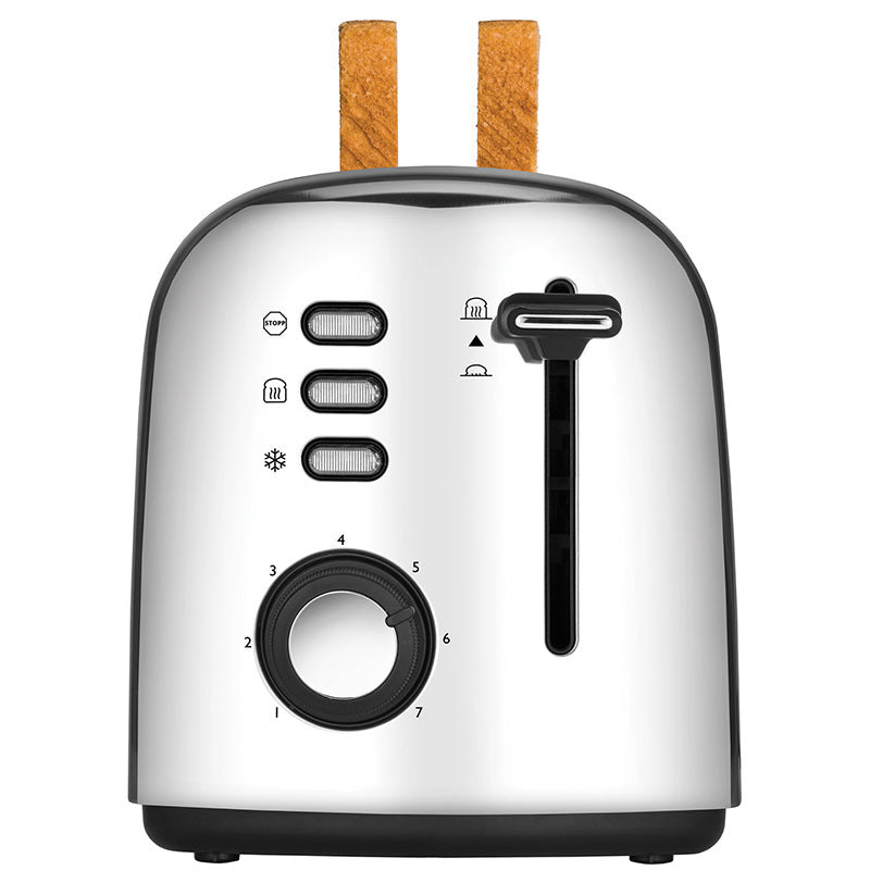 Der Unold Toaster 4er Retro ist ein Edelstahl-Toaster mit zwei Schlitzen, drei Tasten, einem Hebel und einem nummerierten Drehregler für die Bräunungsstufen auf der Vorderseite.