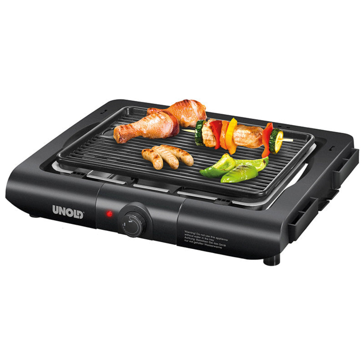 Der Unold 58565 Barbecue-Grill Vario in Schwarz grillt Hähnchenschenkel, Würstchen und Gemüsespieße wie Paprika, Champignons und Tomaten. Er verfügt über einen Temperaturregler und eine rote Kontrollleuchte.