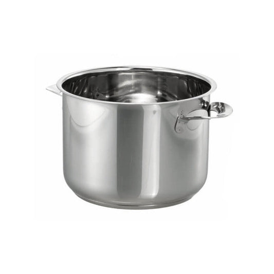 Der Unold Edelstahl-Topf für FONDUE Elégance 48645 ist ein großer, glänzender Edelstahltopf mit zwei kurzen Seitengriffen, abgebildet auf schlichtem weißem Grund.