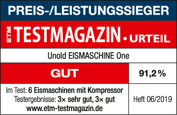 Die Unold Eismaschine One 1,2 L erhielt vom ETM Testmagazin in der Ausgabe 06/2019 die Note „Gut“ (91,2 %) im Test unter 6 Eismaschinen. Mehr Infos unter etm-testmagazin.de.