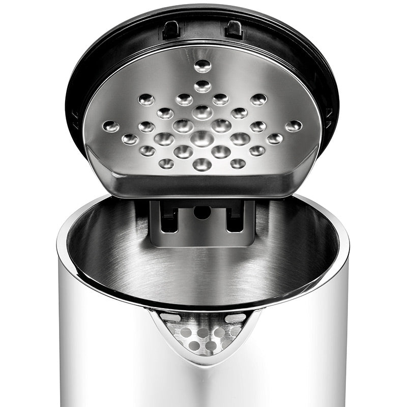 Eine Draufsicht auf den Unold Blitzkocher Design 1,4 L zeigt seinen offenen Innenraum aus Edelstahl und den perforierten Deckel mit kreisförmigen Löchern, die das Licht reflektieren und für ein modernes Aussehen sorgen.