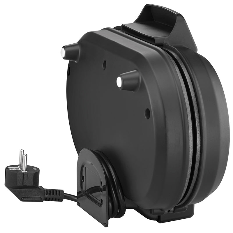 Ein schwarzer Unold Pancake-Maker American steht aufrecht mit europäischem Stecker und umwickeltem Kabel. Das Gerät verfügt über einen oberen Griff und metallische Akzente und verbindet Stil mit Komfort.
