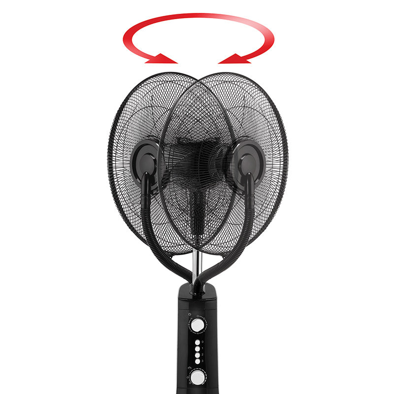 Der Unold STANDVENTILATOR NEBULA ist ein schwarzer Standventilator mit zwei überlappenden Köpfen. Rote, gebogene Pfeile darüber heben seine oszillierende Bewegung hervor, das Bedienfeld ist auf dem Standfuß sichtbar.
