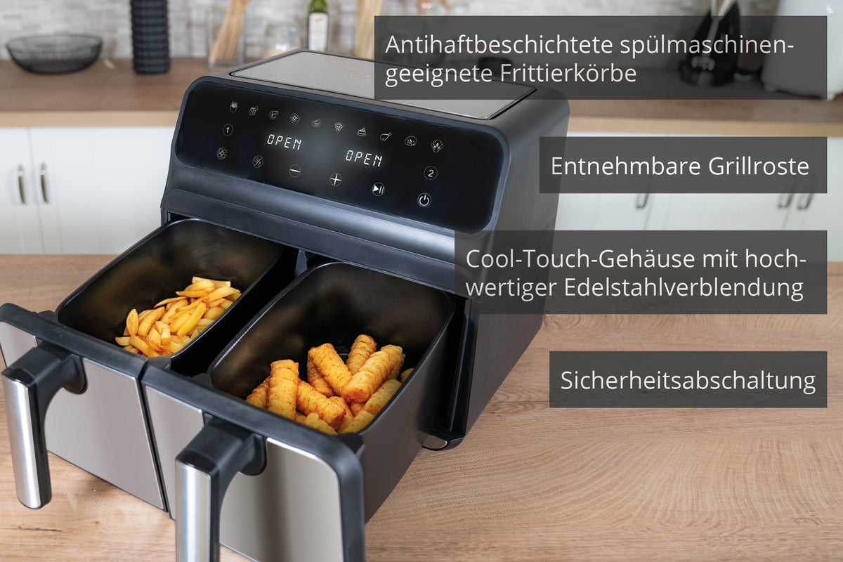 Die Unold Heißluftfritteuse Doppelkammer Twin Zone verfügt über zwei offene Körbe, herausnehmbare, antihaftbeschichtete, spülmaschinenfeste Grillroste, ein Cool-Touch-Edelstahlgehäuse und eine Sicherheitsabschaltung für einfaches und sicheres Kochen.