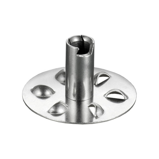 Die ESGE-Zauberstab Quirlscheibe von ESGE Zauberstab ist eine Metallscheibe mit einem zentralen zylindrischen Rohr und vier gleichmäßig verteilten tropfenförmigen Aussparungen um ihre Basis.