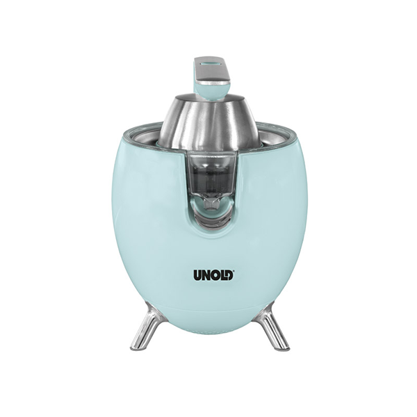 Die Unold ZITRUSPRESSE Power Juicy ist eine hellblaue elektrische Zitruspresse im Retro-Stil mit Chrom-Akzenten, Ausguss, Deckel und drei Metallbeinen.