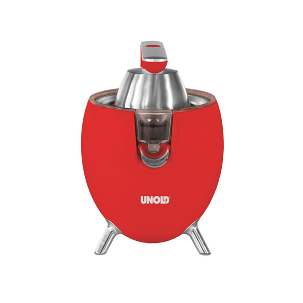 Eine rote elektrische Zitruspresse ZITRUSPRESSE Power Juicy von Unold mit Ausguss und Deckel aus Edelstahl steht auf drei silbernen Beinen vor einem weißen Hintergrund.