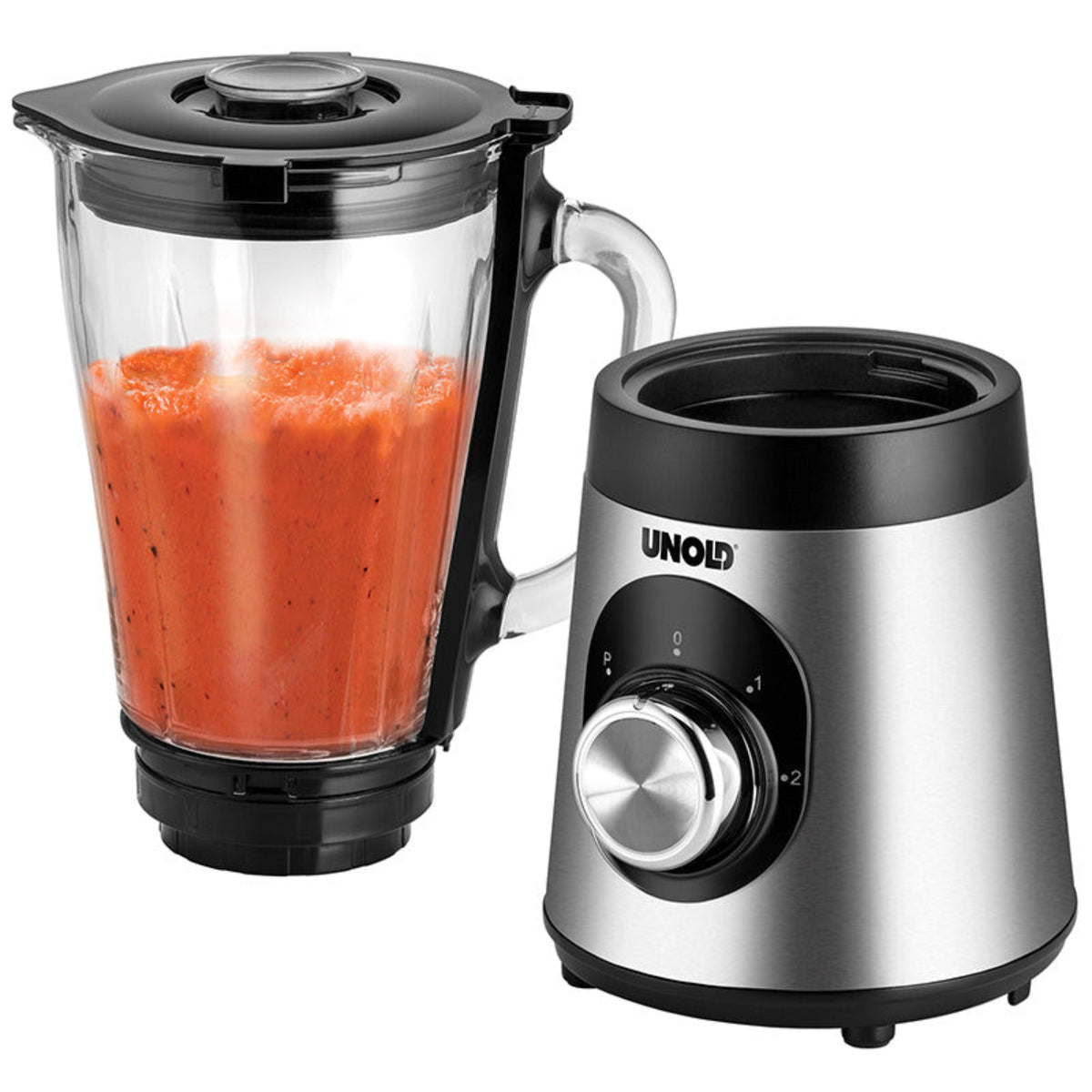Der Unold Standmixer Edel mit Edelstahlsockel und Drehregler steht neben seinem Glaskrug, der mit einer roten Flüssigkeit gefüllt ist, möglicherweise einem Smoothie oder einer Soße.