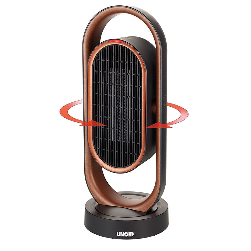 Der Unold KERAMIK-HEIZLÜFTER 3D ist ein schwarz-bronzefarbener Elektroheizer mit modernem ovalem Design auf rundem Sockel. Rote Pfeile zeigen die seitliche Schwingung an, und der Markenname Unold ist auf dem Sockel zu sehen.