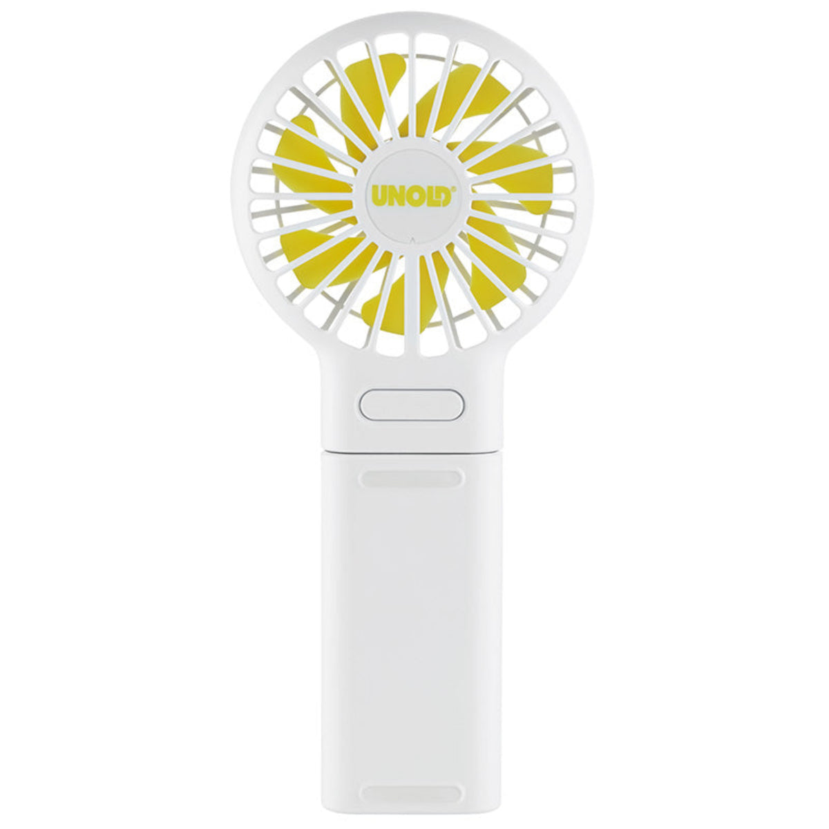 Der Unold HANDVENTILATOR BREEZY FOLD ist ein weißer elektrischer Handventilator mit rundem Gitter, gelben Flügeln, dem Unold-Logo in der Mitte und zwei Knöpfen am Griff.
