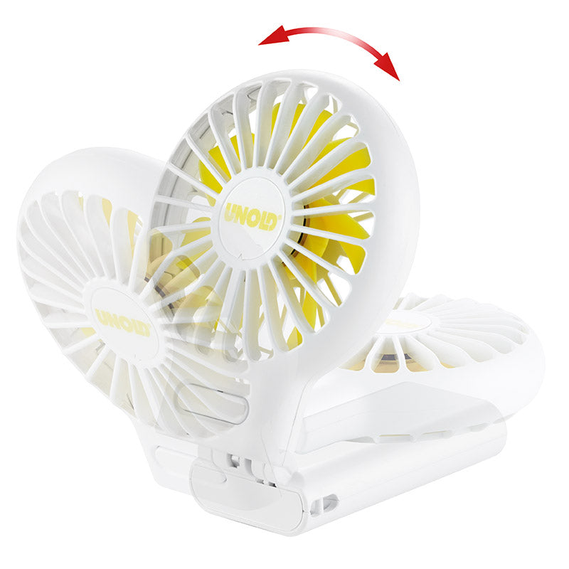 Der Unold HANDVENTILATOR BREEZY FOLD, ein kompakter tragbarer Ventilator in Weiß und Gelb mit verstellbarem Kopf, wird in drei Winkelpositionen gezeigt, wobei ein roter Pfeil die Funktion der Winkelverstellung hervorhebt.