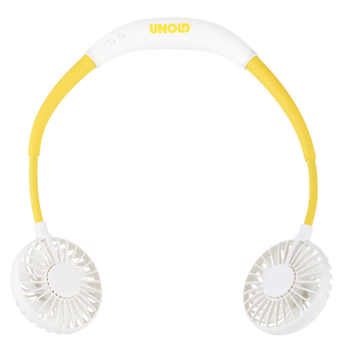 Der Unold NACKENVENTILATOR BREEZY ist ein tragbarer weiß-gelber Nackenventilator mit zwei runden Ventilatorköpfen an jedem Ende und dem Aufdruck „Unold“ auf dem oberen Teil.