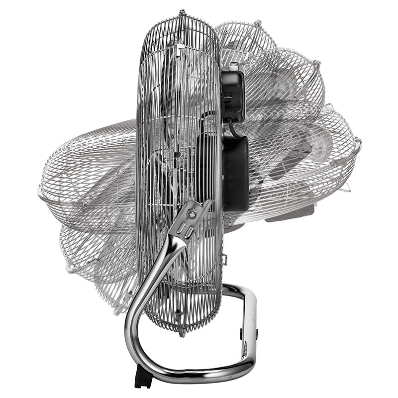 Der Unold WINDMASCHINE SPEED, ein silberner oszillierender Metallventilator, ist in der Seitenansicht mit verblassten Overlays abgebildet, die den einstellbaren Neigungsbereich veranschaulichen. Er verfügt über einen stabilen Rahmen und ein schützendes Drahtgitter.