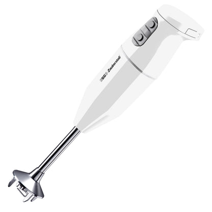 Der Unold ESGE-Zauberstab® cordless PLUS Weiß 95200 ist ein weißer Stabmixer mit Bedientasten am Griff und einem Mixaufsatz aus Edelstahl.