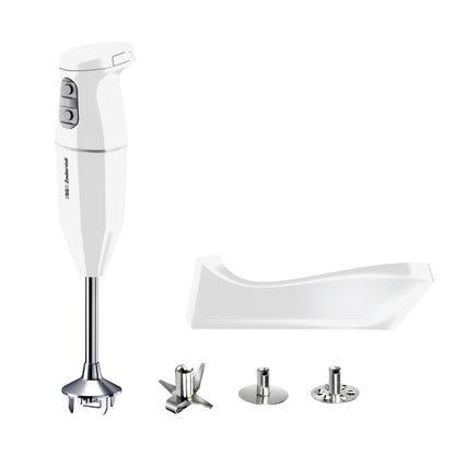 Der Unold ESGE-Zauberstab® cordless PLUS Weiß 95200 ist ein weißer Stabmixer mit Bedientasten, Mixaufsatz, drei auswechselbaren Metallaufsätzen und weißem Standfuß – alles auf weißem Untergrund.