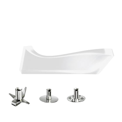 Unten sind der Unold ESGE-Zauberstab® cordless PLUS Weiß 95200 Mixer und seine drei Metallzubehörteile auf schlichtem weißem Hintergrund abgebildet.