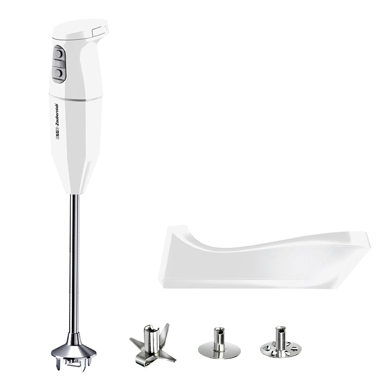 Der Unold ESGE-Zauberstab® cordless PRO Weiß 95307 2 Akku ist ein weißer Stabmixer mit Edelstahl-Mixarm, weißem Standfuß und drei auswechselbaren Klingenaufsätzen aus Metall auf der Vorderseite.