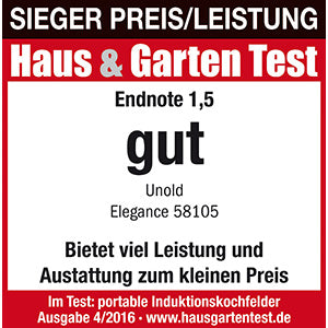 Die Unold Induktionskochplatte Einzel Elégance wurde vom Haus & Garten Test mit dem Sieger Preis/Leistung ausgezeichnet und erhielt die Note 1,5 (gut) für Leistung und Preis-Leistungs-Verhältnis. Ausgabe 4/2016, www.hausgartentest.de.