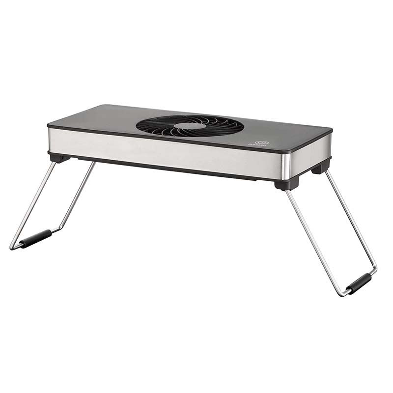 Die Unold Abzugshaube Smokeless verfügt über ein rechteckiges Design mit einer Konstruktion aus Metall und Kunststoff, klappbaren silbernen Beinen zur Erhöhung und einem zentralen schwarzen Kühlventilator an der Oberseite.